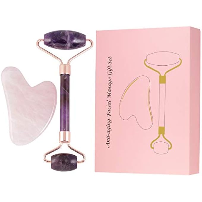 rockcloud NATURAL CRYSTAL JADE ROLLER AND GUA SHA SC SET MASSAGER TOOL FOR ANTI AGING BEAUTY NECK BODY REDUCE WRINKLES FACIAL MASSAGER THERAPY AMETHYST AND ROSE QUARTZ - Image 1